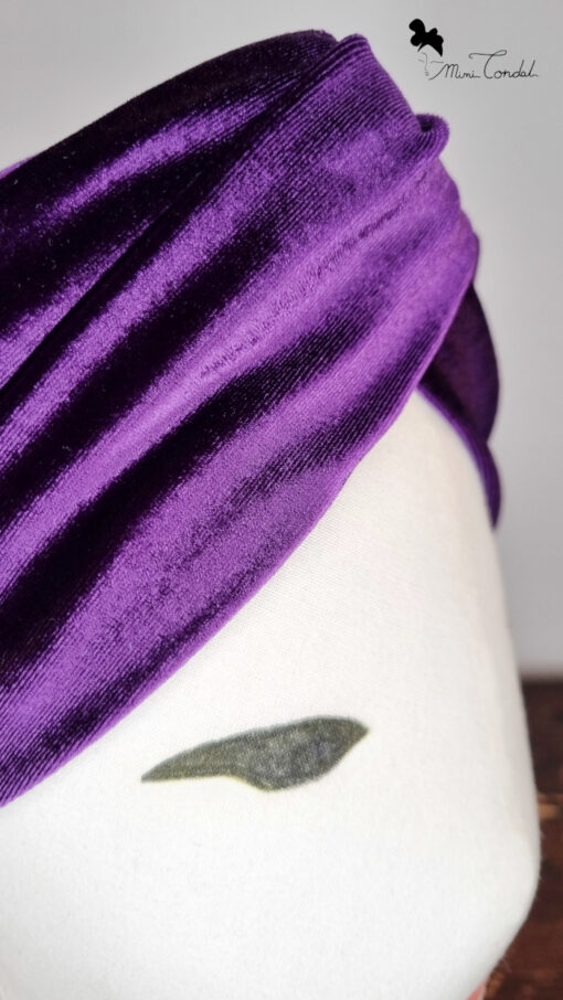 Fascia turbante velluto viola, nodo frontale