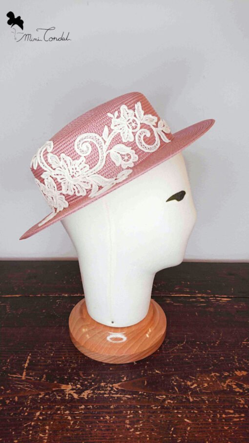 Cappello canotier rosa con ricamo, Mimi Condal