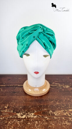 Fascia per capelli in tessuto jaquard verde con pois verdi totno su tono con elastico posteriore regolabile, Mimi Condal